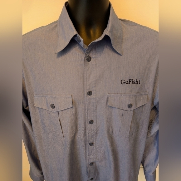 Land's End Long Sleeve Button Up Fishing Shirt Mens Medium 15-15.5 Blue Go Fish - Picture 3 of 10
